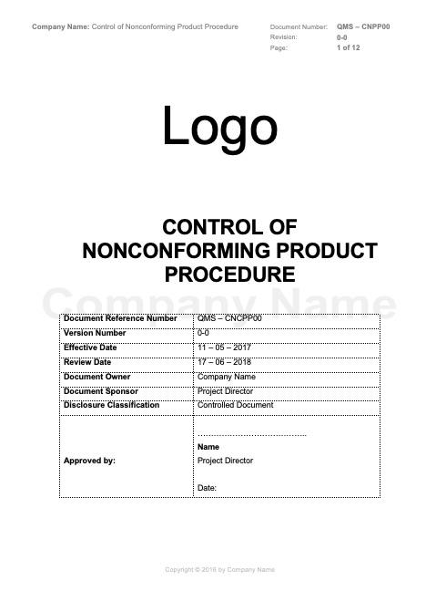 MCon Control of Nonconformance Product Procedure Rev 0-0